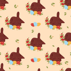 Easter Seamless pattern with chocolate bilby. Cute Australian animal with paschal egg and flowers on beige peach background. Vector festive illustration for design, wallpaper, packaging, textile