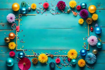 Illustrate the exuberance of a birthday celebration with a colorful and festive display on a turquoise vintage table, captured in a top view flat lay style for a vibrant and exciting greeting card.