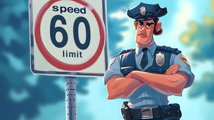 Illustration of a stern-looking police officer with crossed arms standing next to a 60 mph speed limit sign under a blue sky. - obrazy, fototapety, plakaty