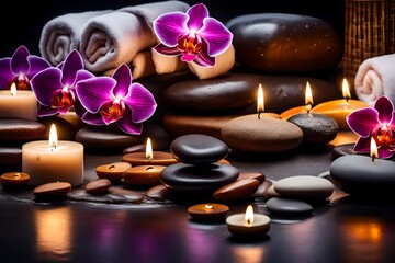 Obraz na płótnie Canvas Compose a wellness haven by arranging massage stones, vibrant orchid flowers, soft towels, and the warm ambiance of carefully placed burning candles.