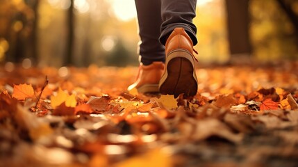 Cinematic close-up, a person's shoes stepping on autumn leaves - obrazy, fototapety, plakaty