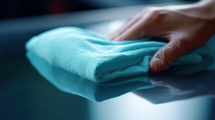 Stock photo capturing the detailed close-up of a person's hand using a microfiber cloth to clean a spotless glass surface, hyper-realistic treatment