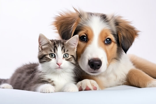 Lovely retriever pup and ginger kitten posing together, symbolizing care and togetherness. AI Generative.