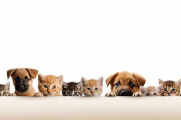Dogs and cats peek over web banner, holding signs. AI Generative creates a cute pet portrait in a row.