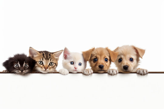 Friendly dogs and cats peek over web banner. AI Generative creates cute pet portrait with isolated white background.