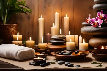 Fototapeta na wymiar Illustrate a serene beauty treatment setting with the inclusion of massage stones, elegant orchid flowers, neatly folded towels, and softly burning candles.