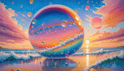 a illustration of many bubbles floating on the sunset beach