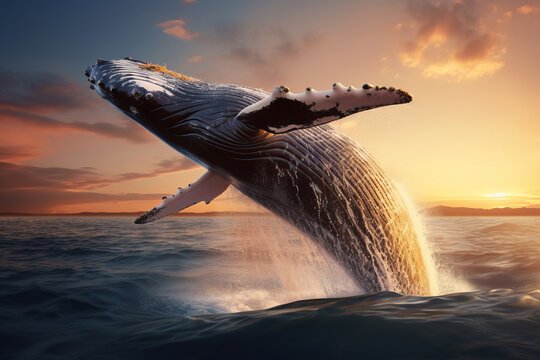 Witness the magnificence of a humpback whale's jump near Madagascar's St. Mary's Island in this rare photograph. Nature's beauty and grace in action. AI Generative.