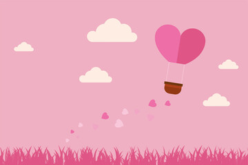 illustration of love and Valentine's Day, hot air balloon flies over the grass with heart floating...