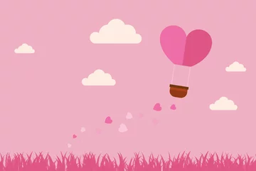 Deurstickers illustration of love and Valentine's Day, hot air balloon flies over the grass with heart floating on the sky. paper art and digital craft style. © Paolo