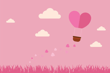 illustration of love and Valentine's Day, hot air balloon flies over the grass with heart floating on the sky. paper art and digital craft style.