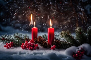 Design a holiday masterpiece by incorporating a Christmas or advent candle, snowy fir branches, festive red berries, and glittering red stars on a charming winter-themed card.