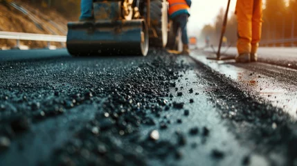 Tuinposter asphalt pavement workers working on asphalt road,Construction site is laying new asphalt road pavement,road construction workers and road construction machinery scene © Planetz
