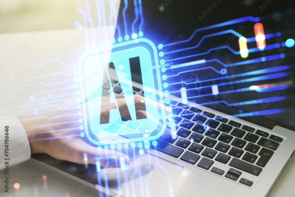 Poster double exposure of creative artificial intelligence icon with hands typing on laptop on background. 