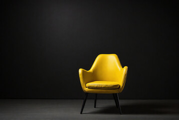 single yellow chair in the black background - obrazy, fototapety, plakaty
