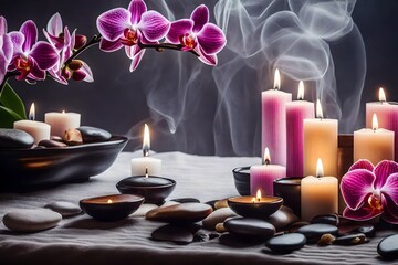 Compose a wellness haven by arranging massage stones, delicate orchid flowers, neatly folded towels, and the warm ambiance of carefully placed burning candles.