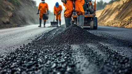 Fotobehang asphalt pavement workers working on asphalt road,Construction site is laying new asphalt road pavement,road construction workers and road construction machinery scene © Planetz