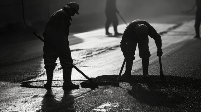 asphalt pavement workers working on asphalt road,Construction site is laying new asphalt road pavement,road construction workers and road construction machinery scene