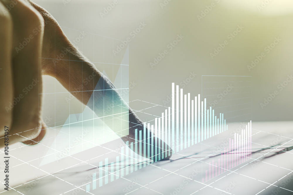Poster multi exposure of abstract financial diagram with hand typing on computer keyboard on background, ba