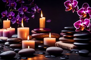 Obraz na płótnie Canvas Compose a serene spa ambiance with a background featuring massage stones, orchid flowers, towels, and flickering candles for a wellness-themed setting.