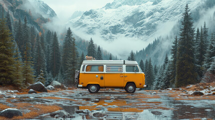Van parked in snow near mountains, depicts a snowy landscape with a van, suitable for winter travel, adventure, and outdoor recreation designs, or as a background for seasonal promotions.