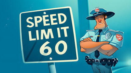 Illustration of a smiling police officer standing next to a "Speed Limit 60" sign with a blue background.