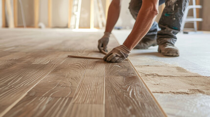 person installing wood flooring in an empty room,a close up of a man laying a wooden floor on a hard wood floor depicts a man installing wooden flooring. home renovation, construction,new floor instal - obrazy, fototapety, plakaty