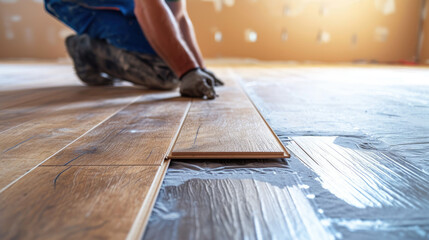 person installing wood flooring in an empty room,a close up of a man laying a wooden floor on a hard wood floor depicts a man installing wooden flooring. home renovation, construction,new floor instal