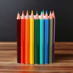 Fototapeta premium Colorful crayons organized by color standing on a wooden table