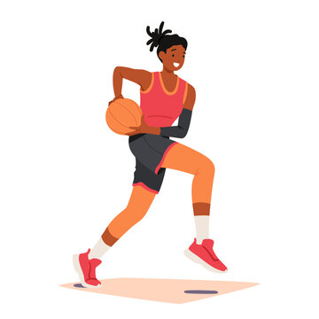 Determined Female Basketball Player Character Dashes Down The Court, Dribbling The Ball With Skill And Focus