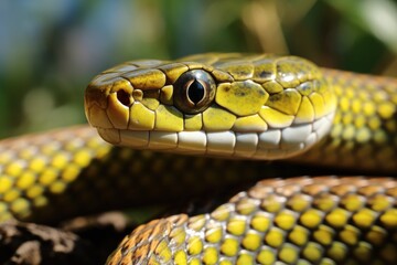 Fototapeta premium A detailed close up of a snake coiled on a tree branch., San Fransico garter snake, Thamnophis sirtalis tetrataenia, AI Generated, AI Generated
