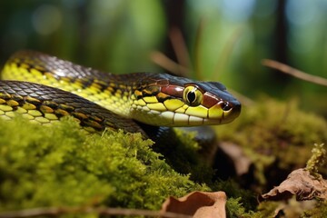 A detailed image showing a snake up close, as it rests on a vibrant mossy surface., San Fransico garter snake, Thamnophis sirtalis tetrataenia, AI Generated, AI Generated