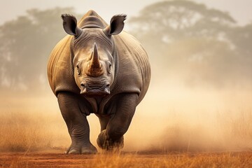 Witness the awe-inspiring sight of a rhinoceros running with grace and power through a vast expanse of dry grass., Rhino, Wildlife Photography, AI Generated, AI Generated - Powered by Adobe