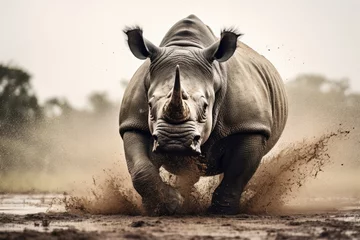 Plexiglas foto achterwand A rhino runs through a muddy field with trees in the background., Rhino, Wildlife Photography, AI Generated, AI Generated © Ifti Digital