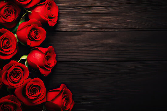 Top view of natural and fresh red roses on dark wooden surface. Flowers bunch wallpaper or background with copy space for text. Generative AI.