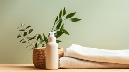  Top view vertical photo of ceramic vase with eucalyptus white towel cream jar glass bottles with...