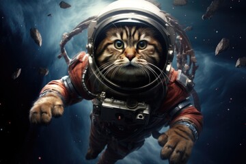 Cat in Space Suit Floating in Space - Astronaut Kitty Explore Outer Space Adventure, Science fiction space wallpaper featuring a cat astronaut, AI Generated, AI Generated - obrazy, fototapety, plakaty