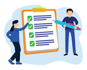 Happy man standing beside giant check list and holding pen or concept of survey and planning