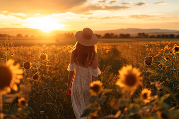 Fototapeta premium person in the field, Young girl walks serenely with elegance through a field of sunflowers