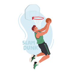 Basketball Player Soars Mid-air, Clutching The Ball Tightly, Epitomize The Artistry Of A Slam Dunk, Vector Illustration