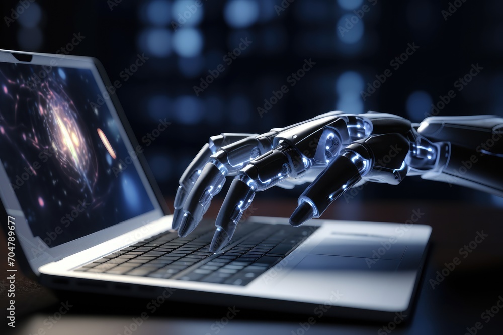 Aufkleber robotic hand typing on laptop, automation at work, robot hand working on a laptop computer in a dark
