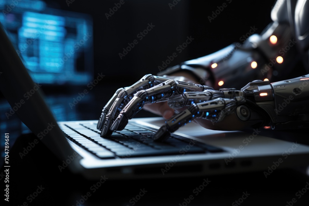 Poster a robotic hand effectively types on a laptop keyboard with precision and accuracy., robot hand worki