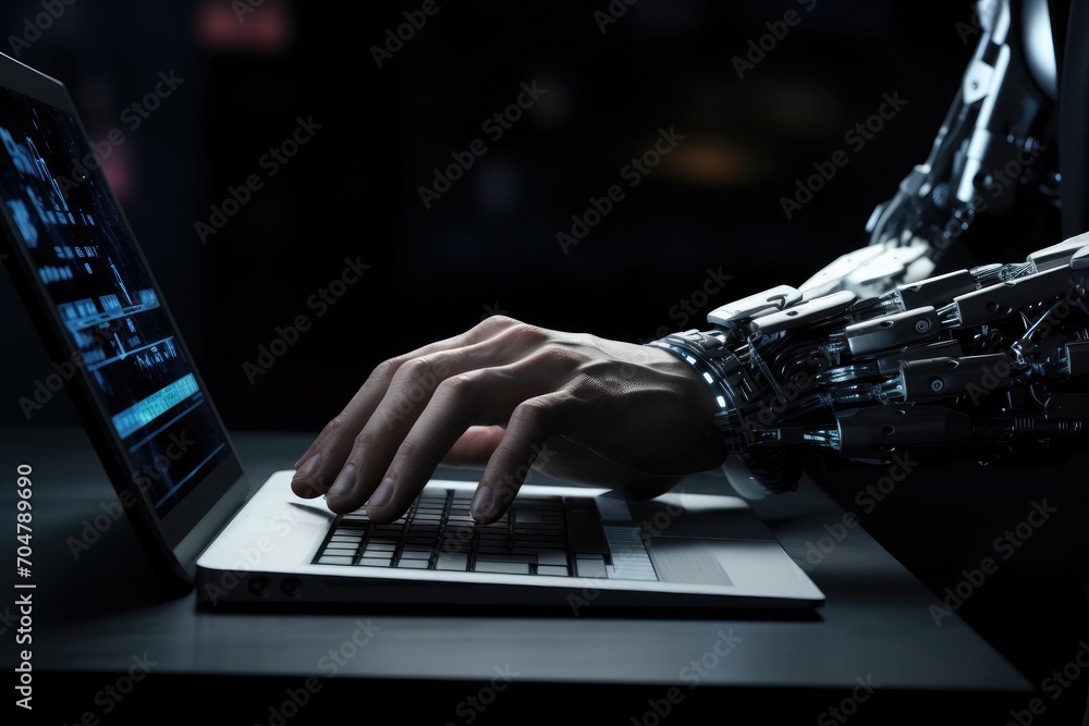 Poster a robotic hand effortlessly types on a laptop keyboard with precision and accuracy., robot hand work