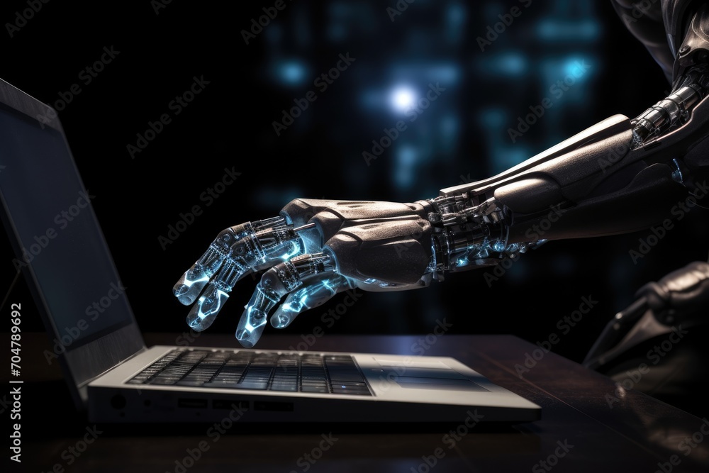 Poster a robotic hand effortlessly types on a laptop keyboard with precision and accuracy., robot hand work