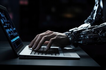 A robotic hand effortlessly types on a laptop keyboard with precision and accuracy., Robot hand working on a laptop computer in a dark office, presented in 3D rendering, AI Generated, AI Generated