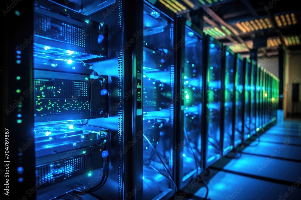 Poster a line of computer servers neatly arranged in a large data center room., row of network servers with