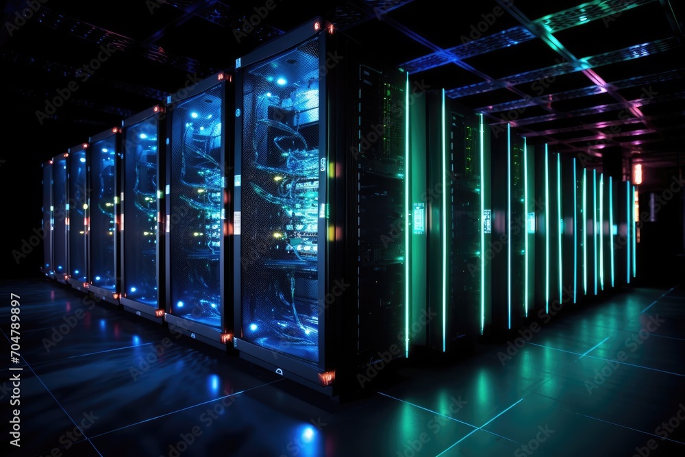 Poster a single row of servers in a dark room, powering the infrastructure for our digitally connected soci