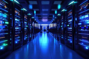 An image showcasing rows of servers in a data center illuminated by bright lights., Row of network servers with glowing LED lights, AI Generated, AI Generated
