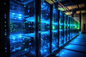 A line of computer servers neatly arranged in a large data center room., Row of network servers with glowing LED lights, AI Generated, AI Generated