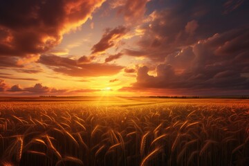 The sun casts a stunning glow as it sets over a vast field of golden wheat., Rural landscape with a wheat field at sunset, AI Generated, AI Generated